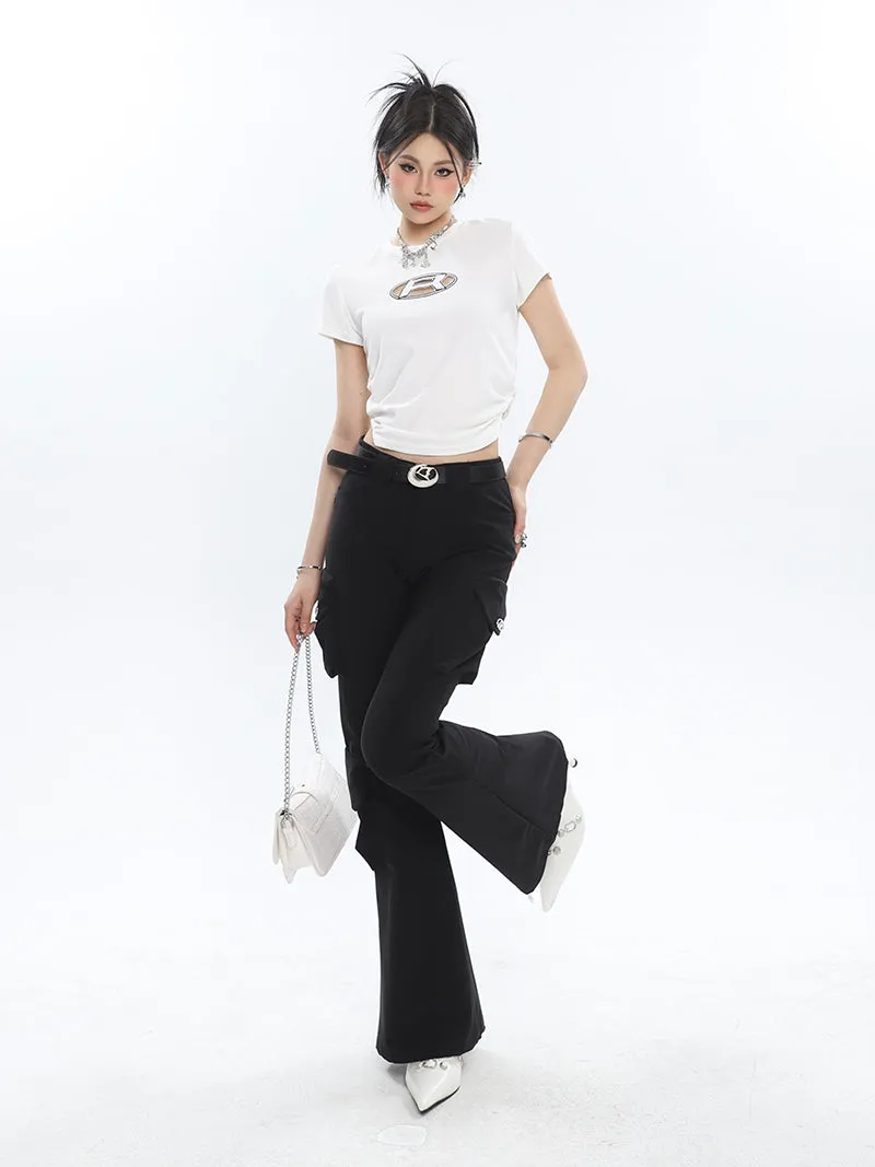 Lorielle Solid Color Black Slim Skinny Multi-Pocket Micro Flared Pants