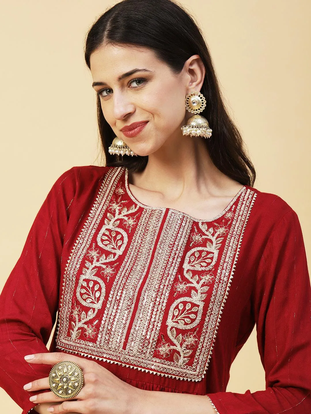 Lurex Striped Dobby Design Zari & Resham Embroidered Kurta With Pants - Maroon