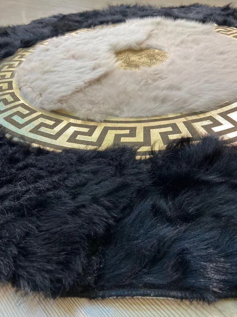 Luxury Soft Handmade Black Beige Natural Sheepskin Round Non Slip Rug