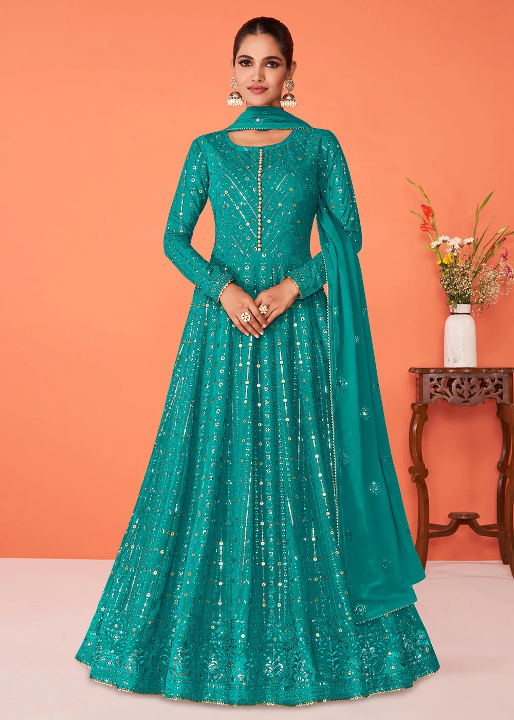 Majestic Turquoise Georgette Festive Anarkali Featuring Vartika Singh