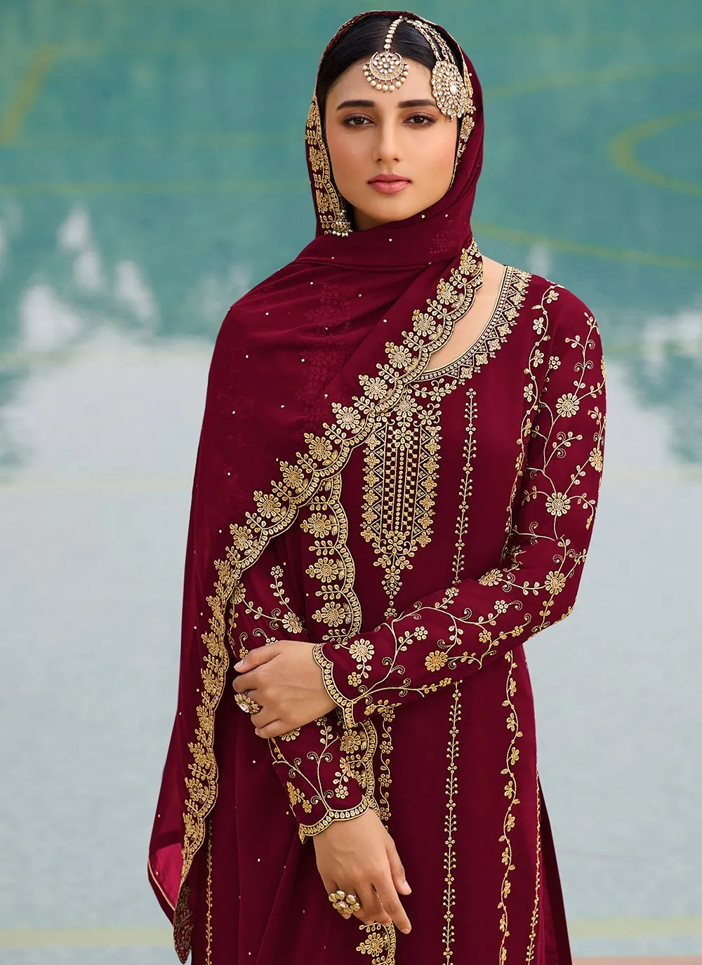 Maroon & Gold Embroidered Sequins Sharara Suit