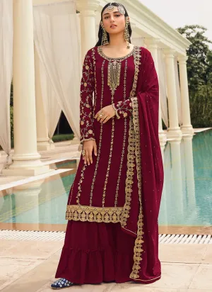 Maroon & Gold Embroidered Sequins Sharara Suit