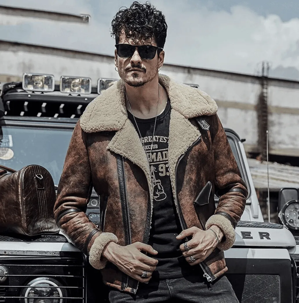 Mens Brown Shearling Distressed Leather Jacket