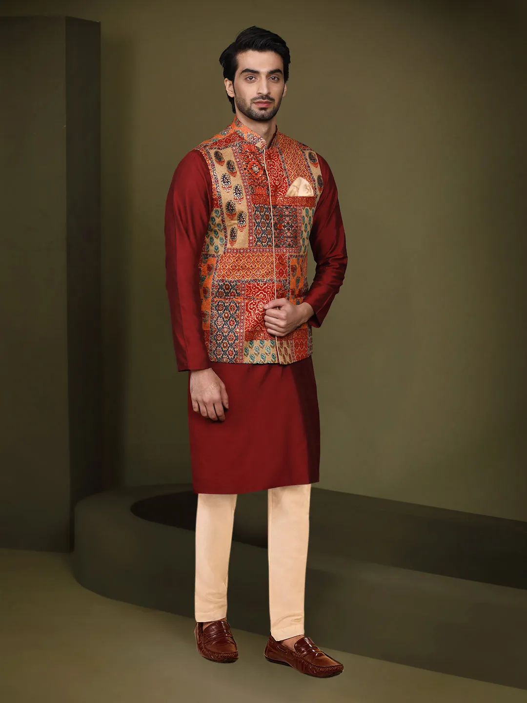 Men's Multi Color Kurta Jacket Trouser Set