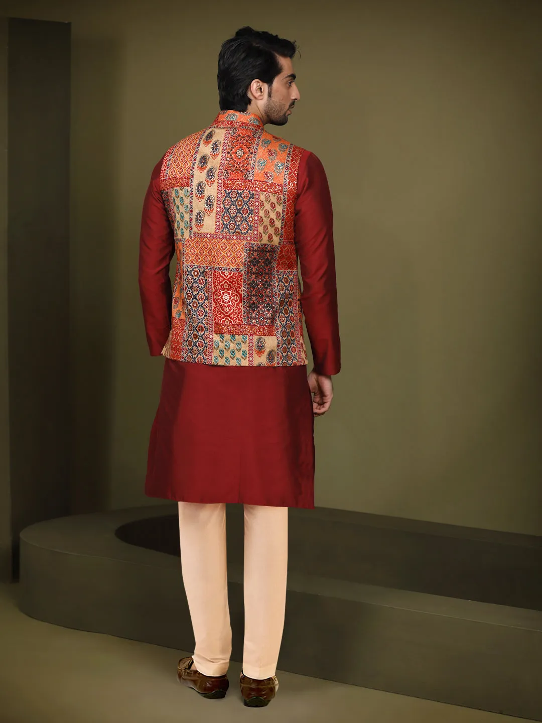 Men's Multi Color Kurta Jacket Trouser Set