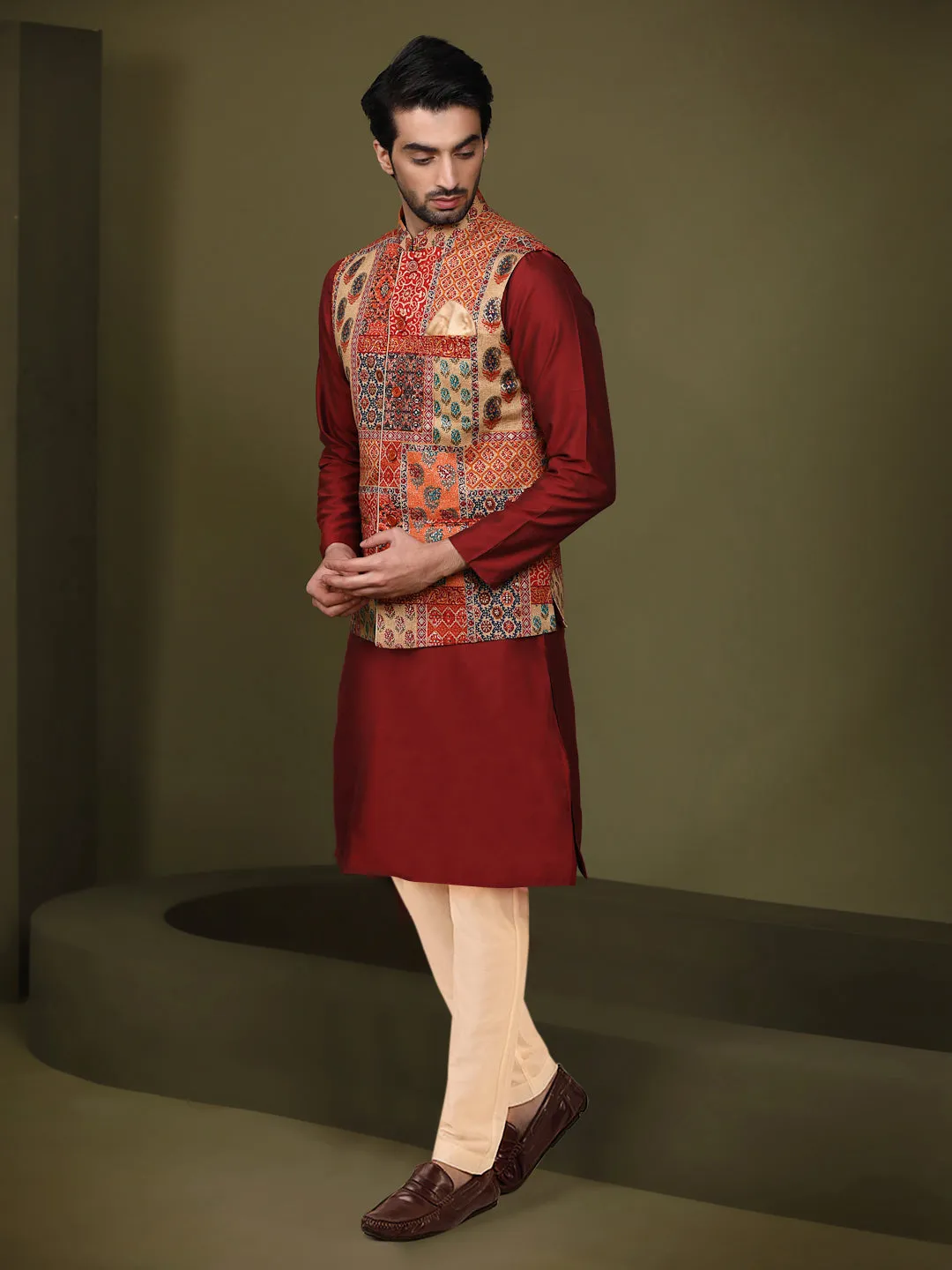 Men's Multi Color Kurta Jacket Trouser Set