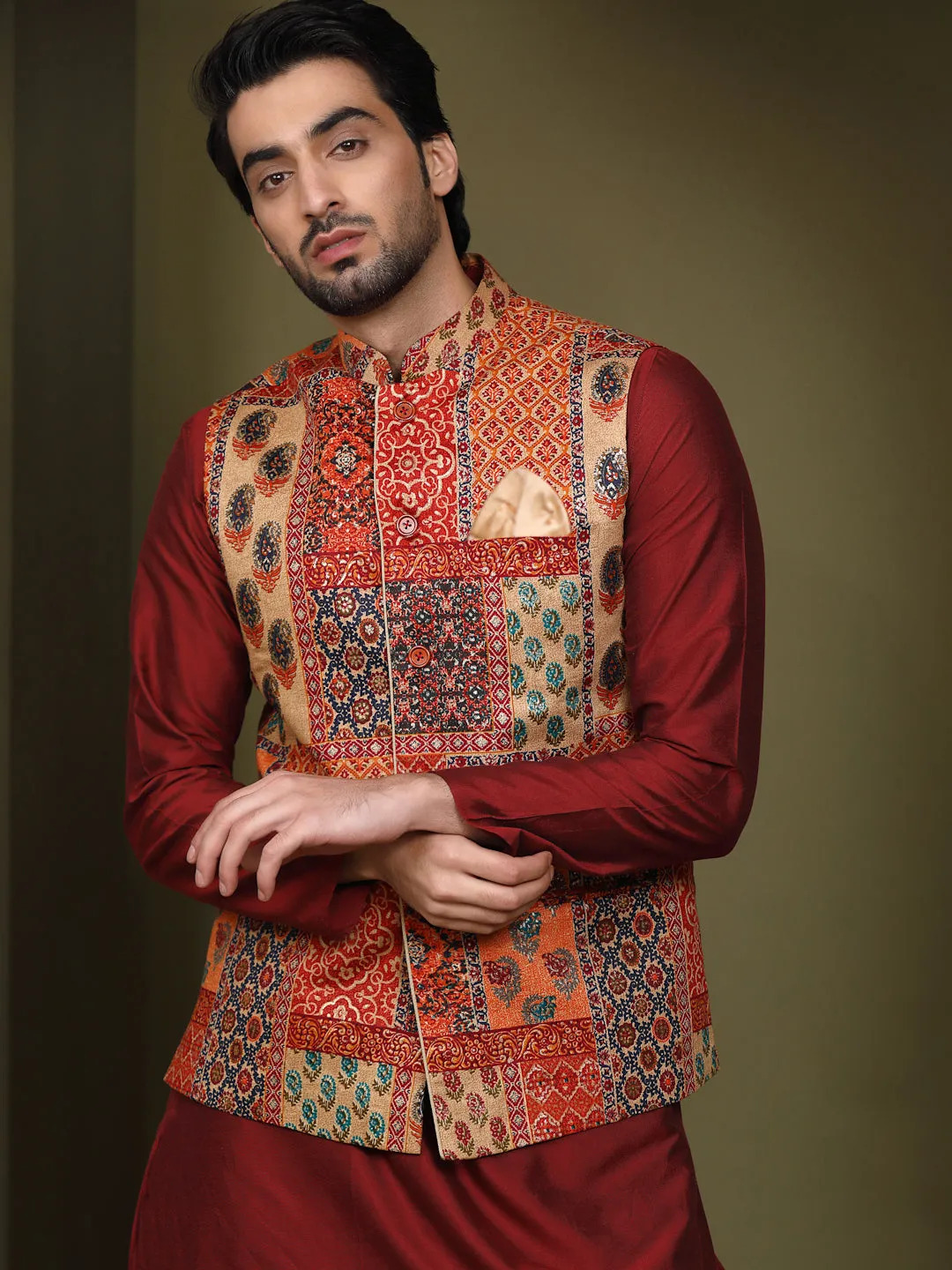 Men's Multi Color Kurta Jacket Trouser Set