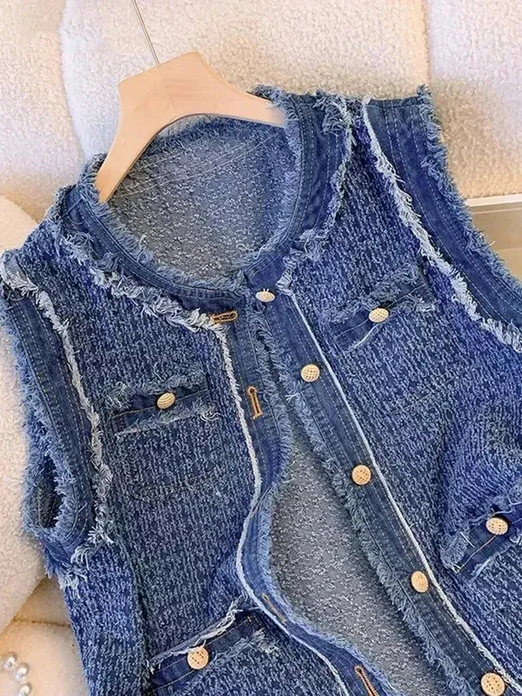 Metaversmall Spring Autumn Blue Plaid Denim Women's Vest with Tassel Elegant Fashion Women Single Breasted Flow Sleeveless Tank Top Coat