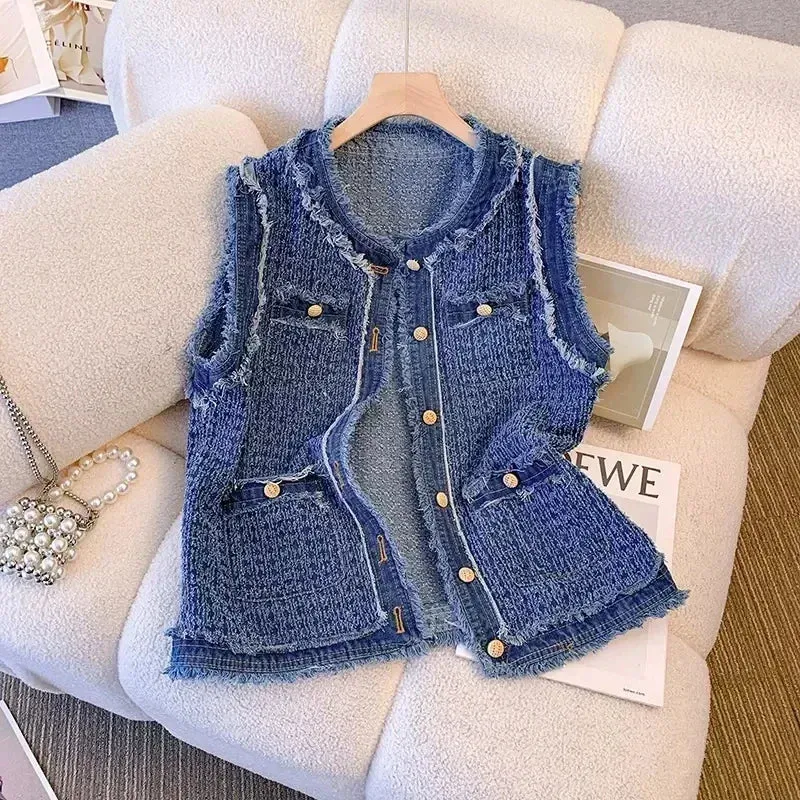 Metaversmall Spring Autumn Blue Plaid Denim Women's Vest with Tassel Elegant Fashion Women Single Breasted Flow Sleeveless Tank Top Coat