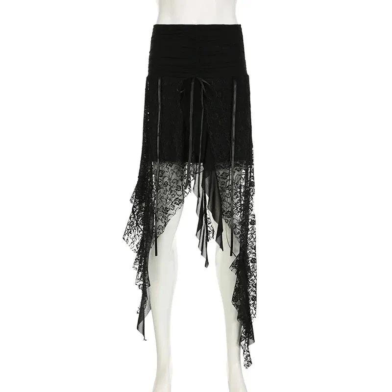 Metaversmall Streetwear Asymmetrical Slim Lace Skirt Female Folds Tie-Up Stitching Holidays Party Sexy Midi Skirt Fringe Clothing