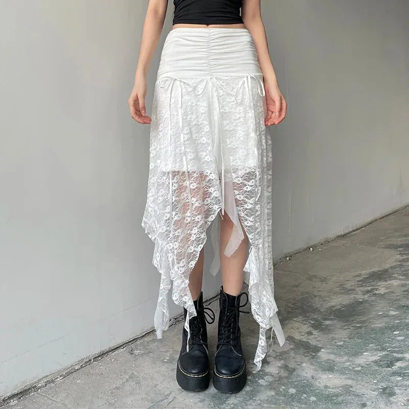 Metaversmall Streetwear Asymmetrical Slim Lace Skirt Female Folds Tie-Up Stitching Holidays Party Sexy Midi Skirt Fringe Clothing