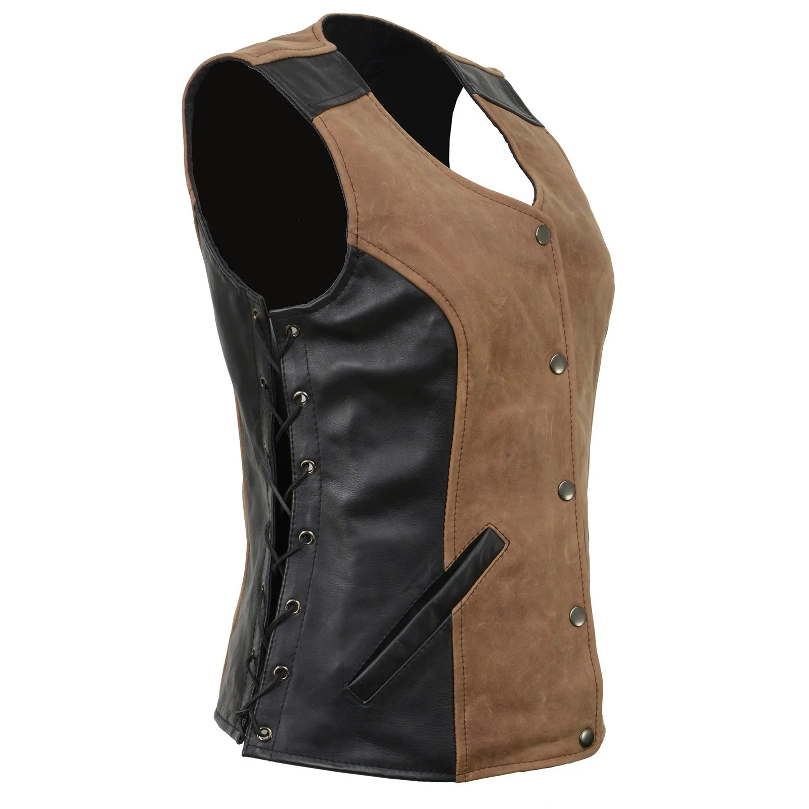 Milwaukee Leather MLL4508 Women's 'Trickster' Vintage Two Tone Crazy Horse Brown and Black Leather Club Style Motorcycle Vest