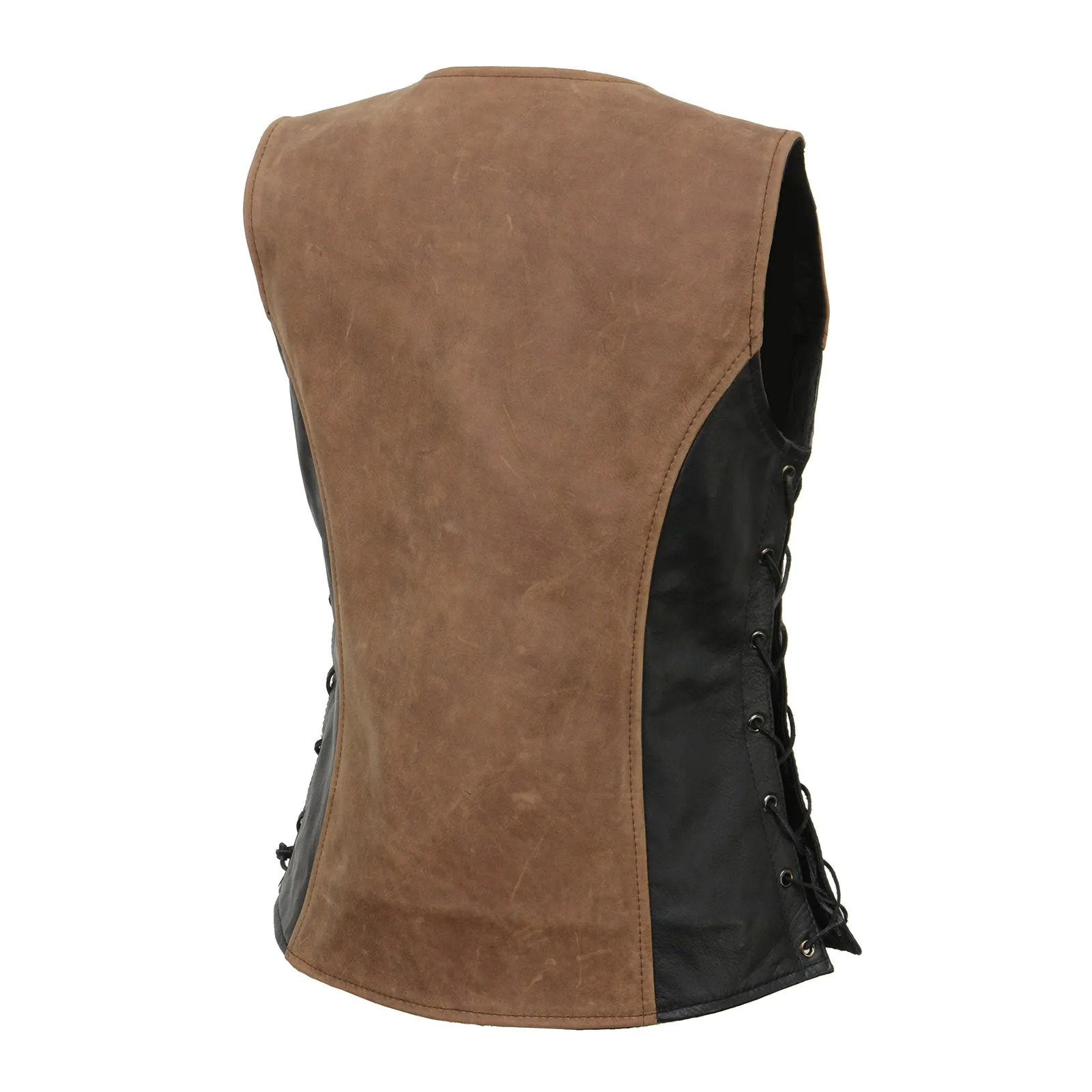 Milwaukee Leather MLL4508 Women's 'Trickster' Vintage Two Tone Crazy Horse Brown and Black Leather Club Style Motorcycle Vest