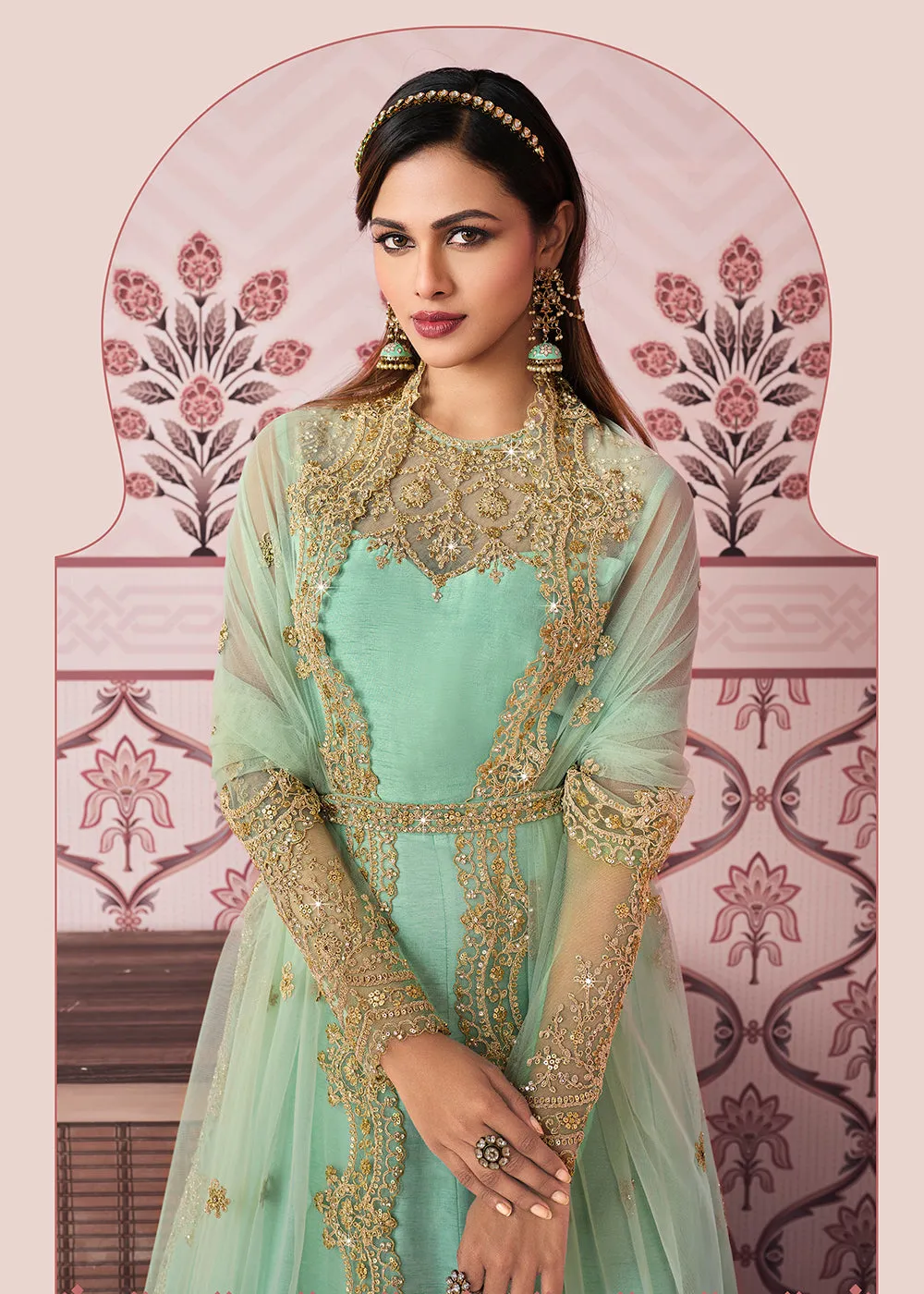 Mint Blue Art Silk Fabric Indian Embroidered Anarkali Suit