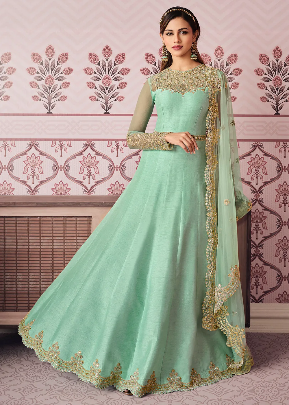 Mint Blue Art Silk Fabric Indian Embroidered Anarkali Suit