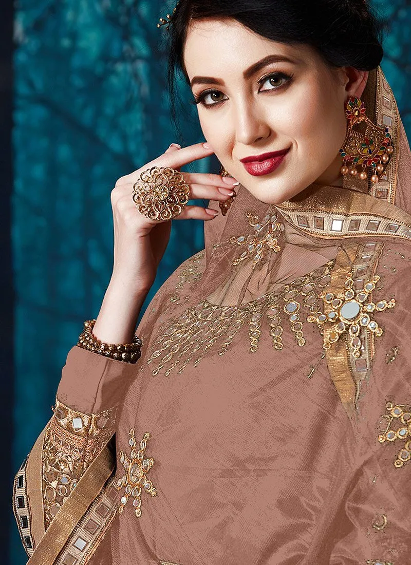 Mirror Work Brown Faux Georgette Anarkali Suit