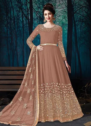 Mirror Work Brown Faux Georgette Anarkali Suit