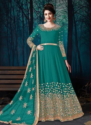 Mirror Work Persian Green Faux Georgette Anarkali Suit