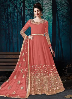 Mirror Work Salmon Orange Faux Georgette Anarkali Suit