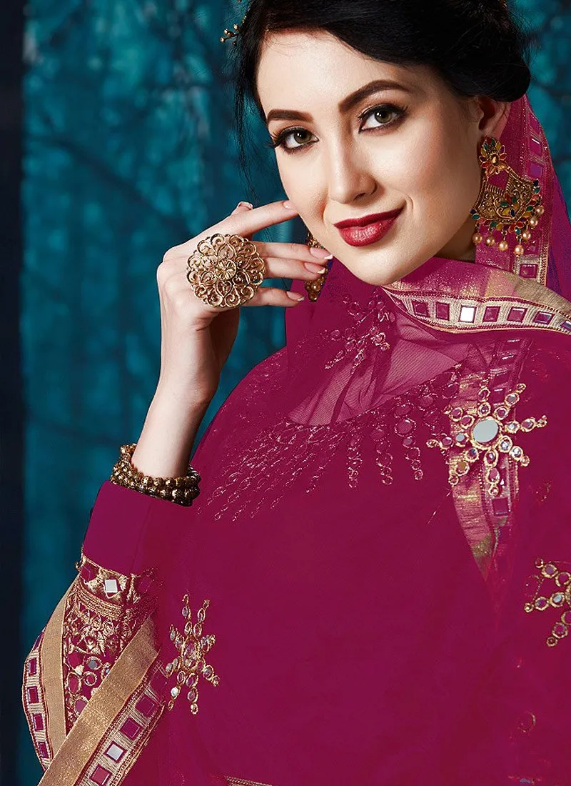 Mirror Work Wine Maroon Faux Georgette Anarkali Suit