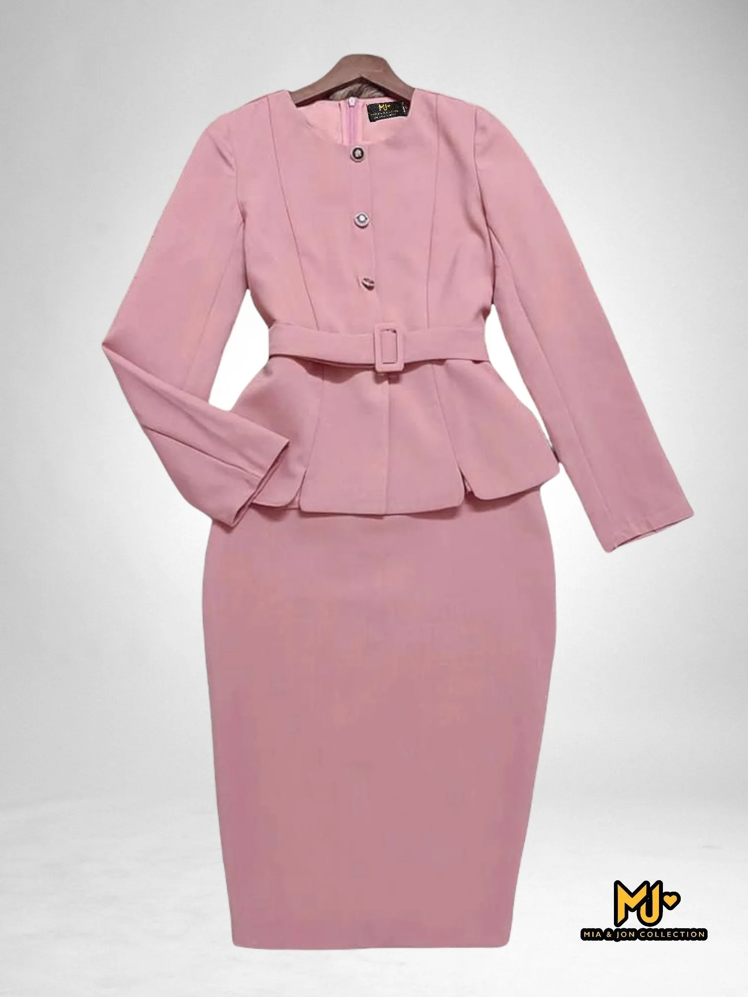 MJS2152 Peplum Top And Pencil Skirt Set In Pink