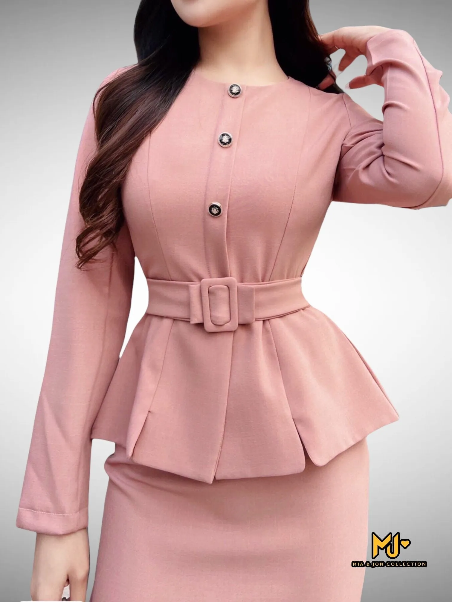 MJS2152 Peplum Top And Pencil Skirt Set In Pink