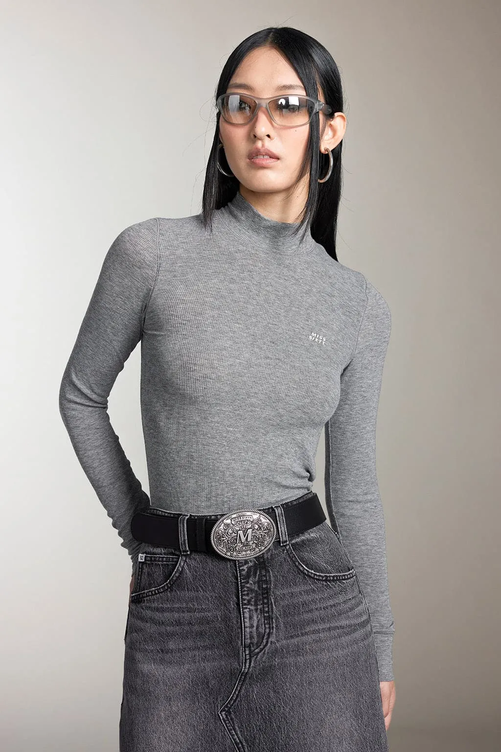 Mock Turtleneck Printed Long Sleeves T-Shirt