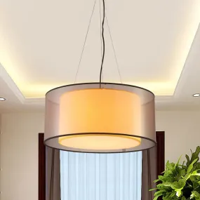 Modern 2-Layer Chandelier: Rectangle/Round Design, 3 Bulbs - Flaxen Fabric - Dining Room Ceiling Lamp