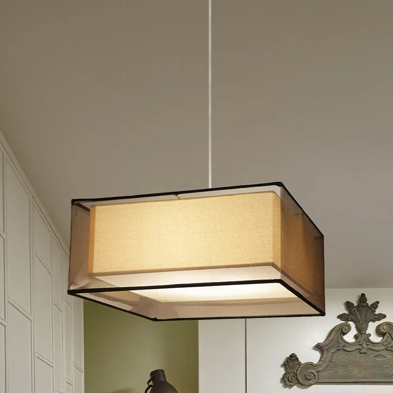 Modern 2-Layer Chandelier: Rectangle/Round Design, 3 Bulbs - Flaxen Fabric - Dining Room Ceiling Lamp