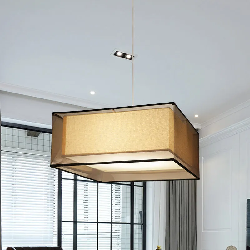 Modern 2-Layer Chandelier: Rectangle/Round Design, 3 Bulbs - Flaxen Fabric - Dining Room Ceiling Lamp