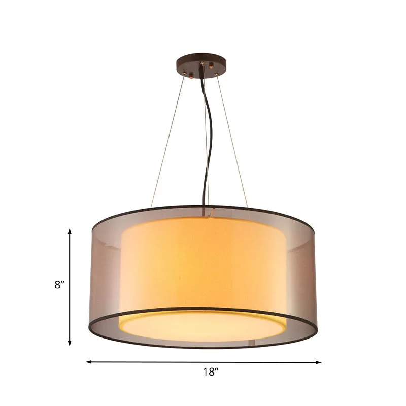 Modern 2-Layer Chandelier: Rectangle/Round Design, 3 Bulbs - Flaxen Fabric - Dining Room Ceiling Lamp