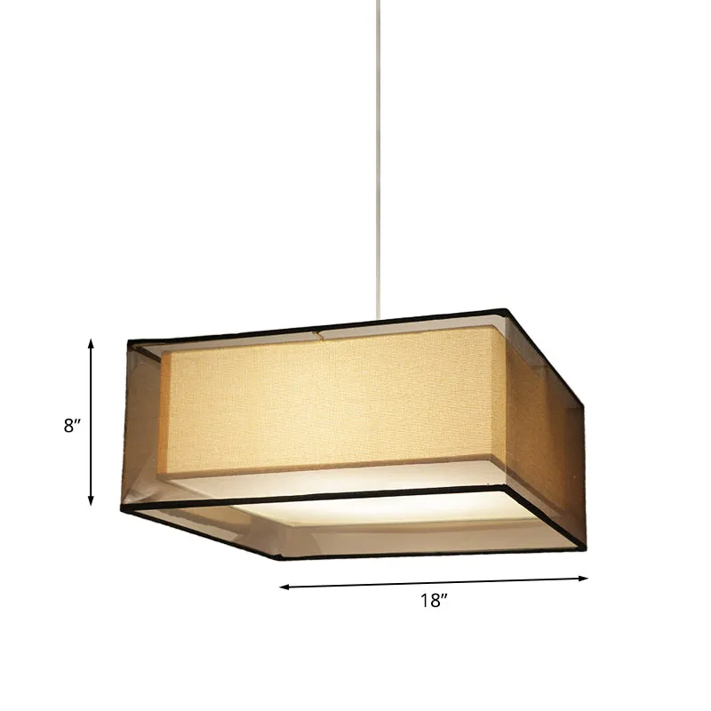 Modern 2-Layer Chandelier: Rectangle/Round Design, 3 Bulbs - Flaxen Fabric - Dining Room Ceiling Lamp