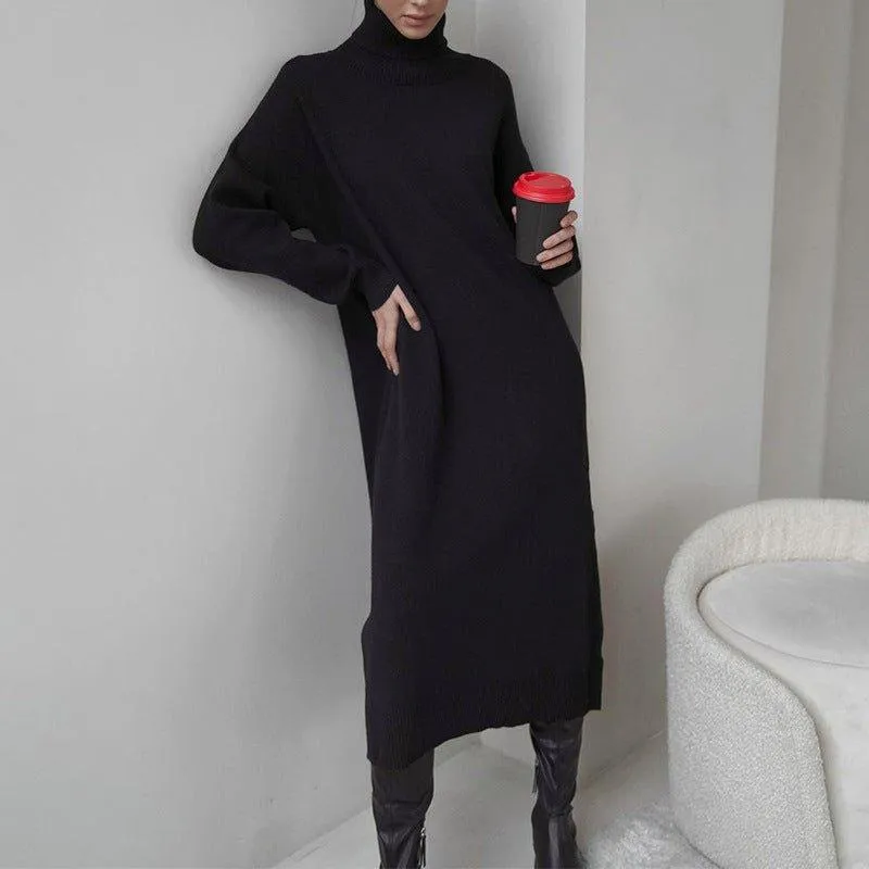 MS033 Knitted High Neck Solid Color Loose Casual Dress