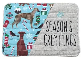 Mug Rug - Season's Greytings Greyhounds Blue / Natural Quilted Lines