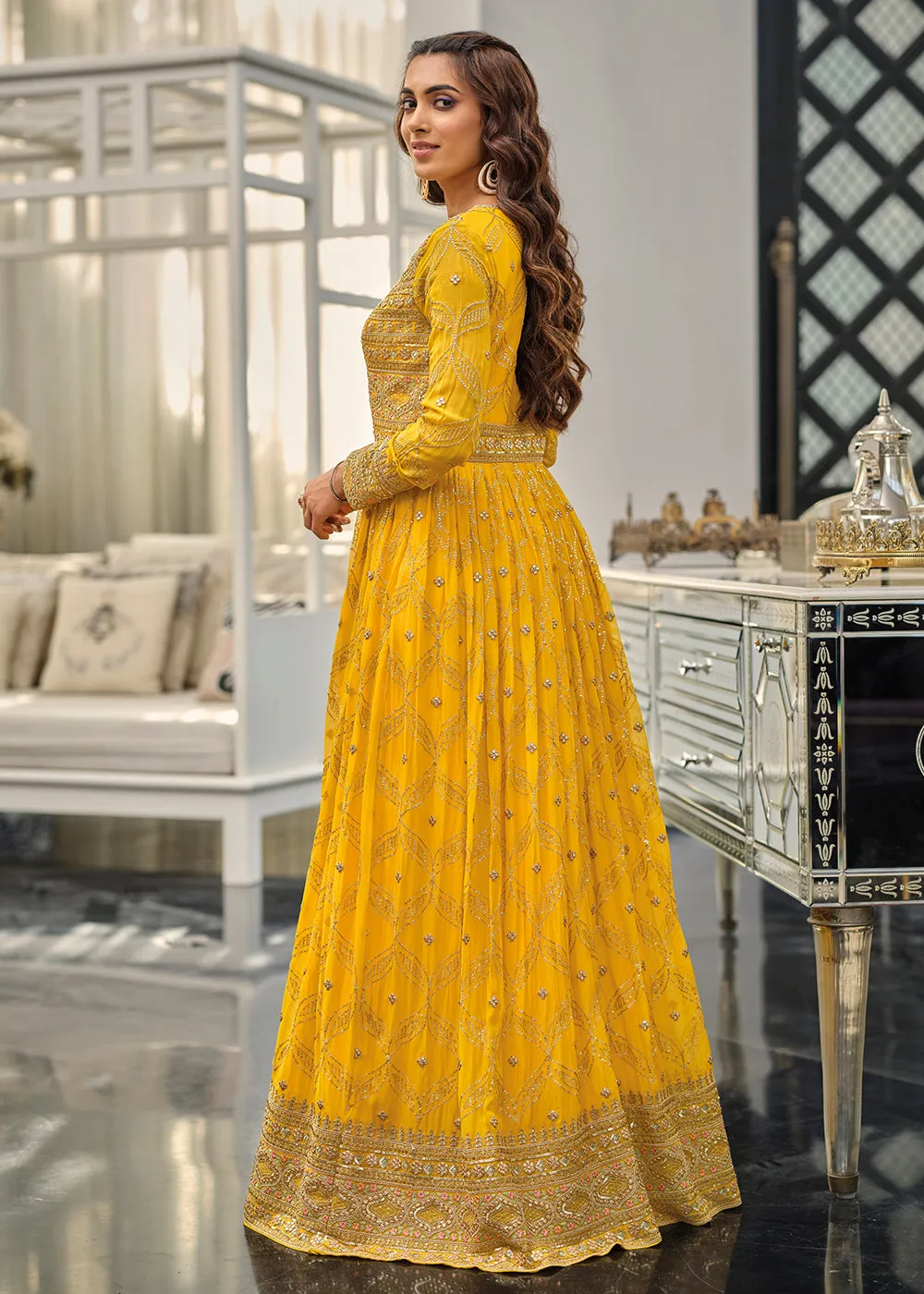 Mustard Haldi Wedding Party Wear Long Anarkali Gown