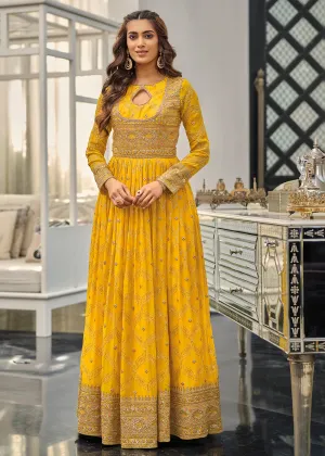 Mustard Haldi Wedding Party Wear Long Anarkali Gown