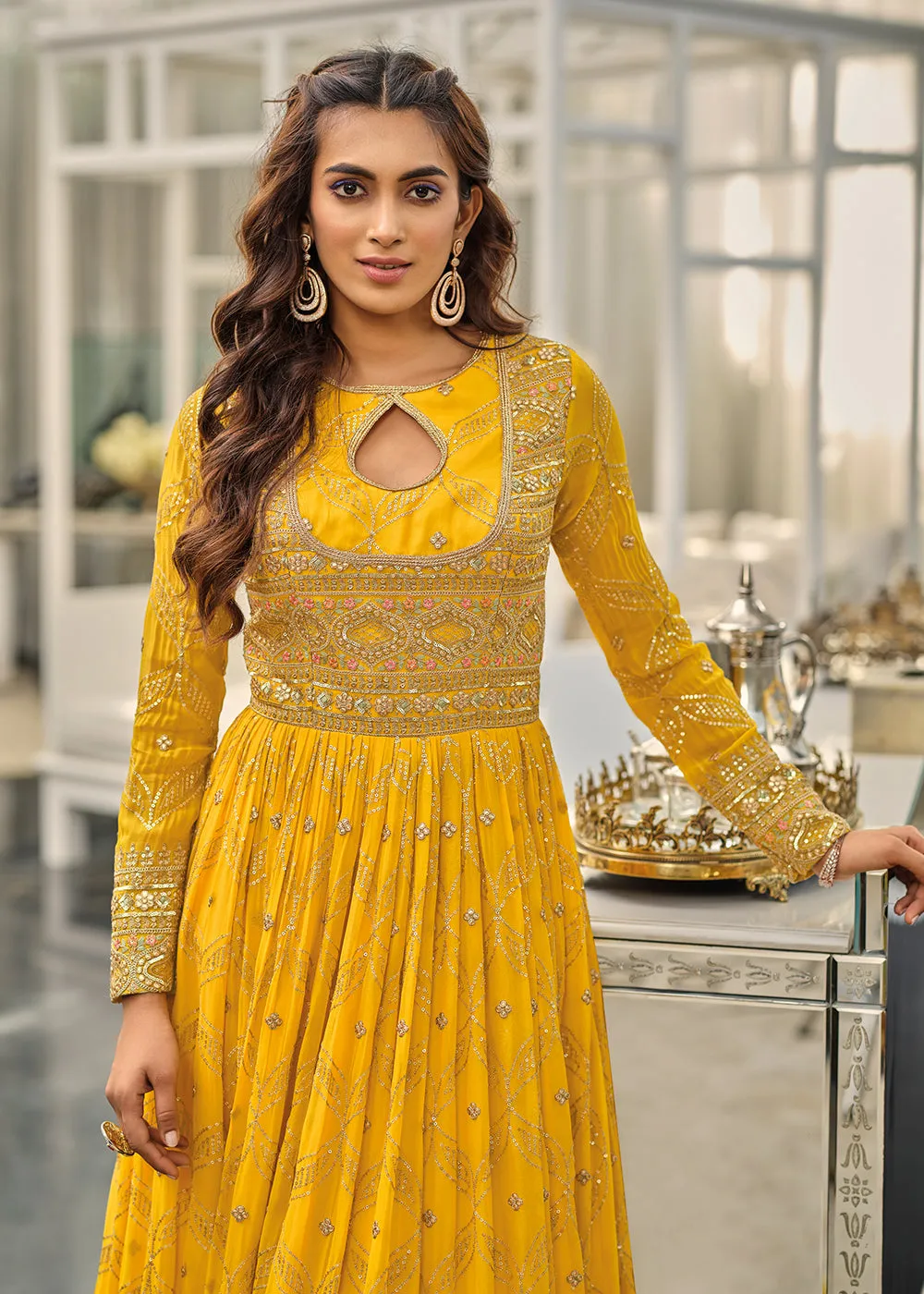 Mustard Haldi Wedding Party Wear Long Anarkali Gown