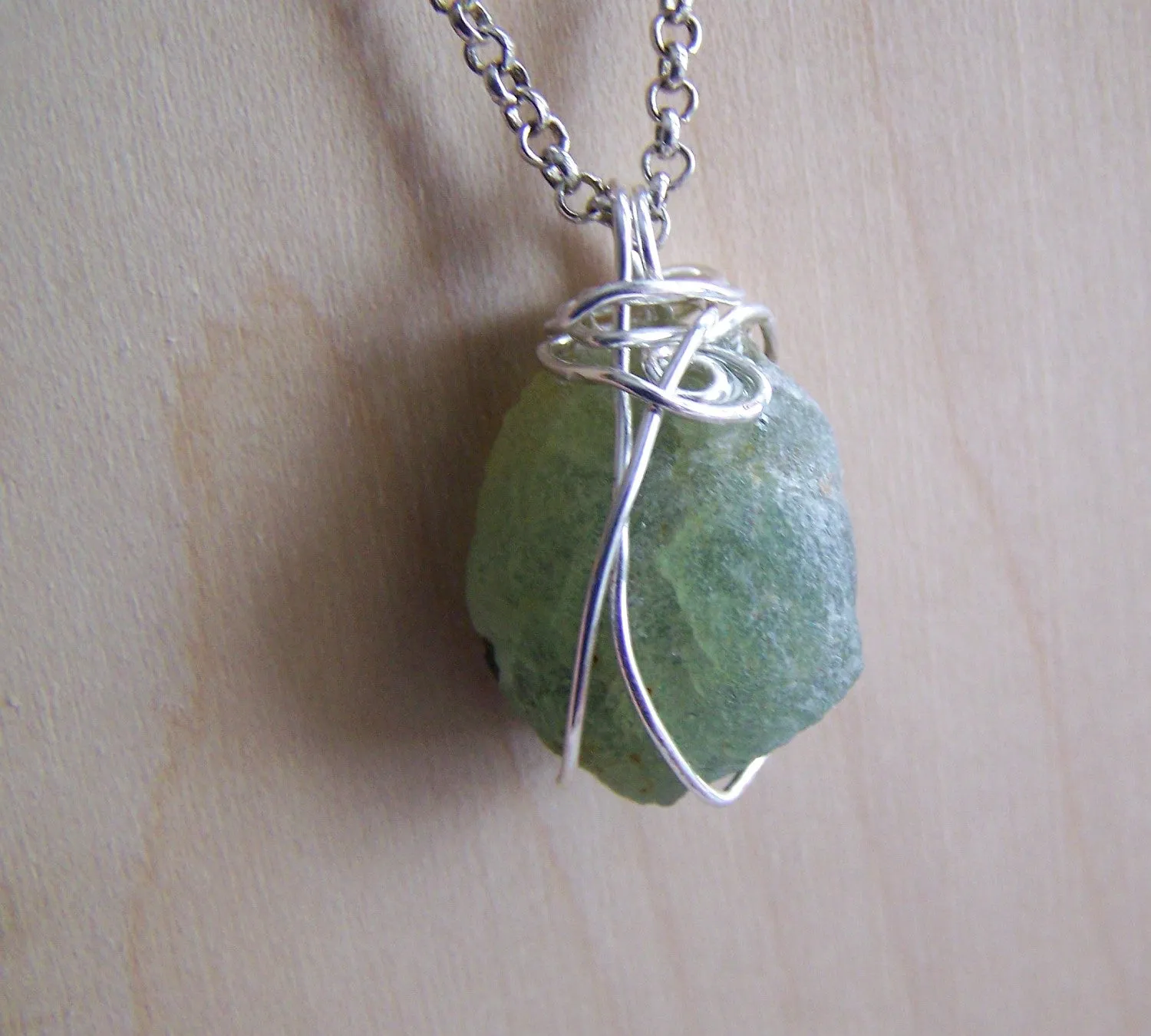 Natural Green Prehnite Wire Wrapped Pendant Necklace