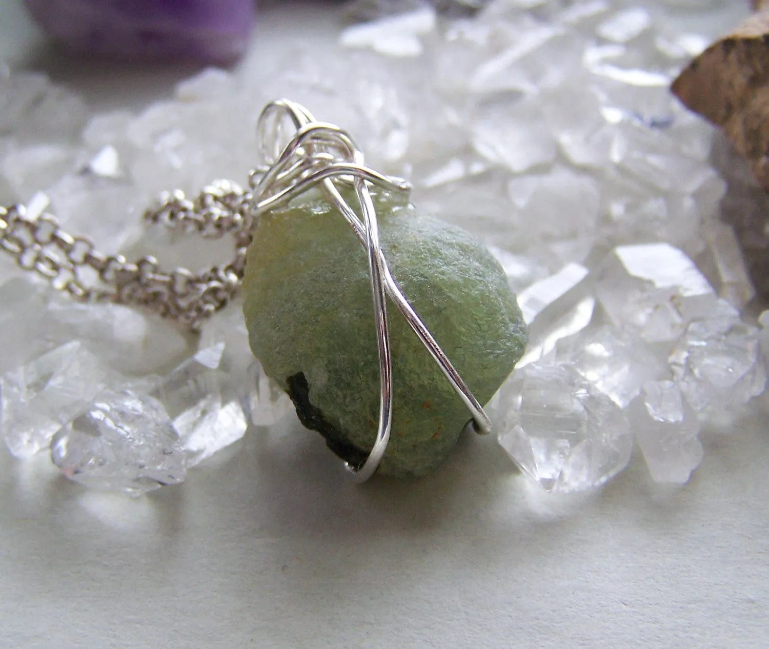 Natural Green Prehnite Wire Wrapped Pendant Necklace