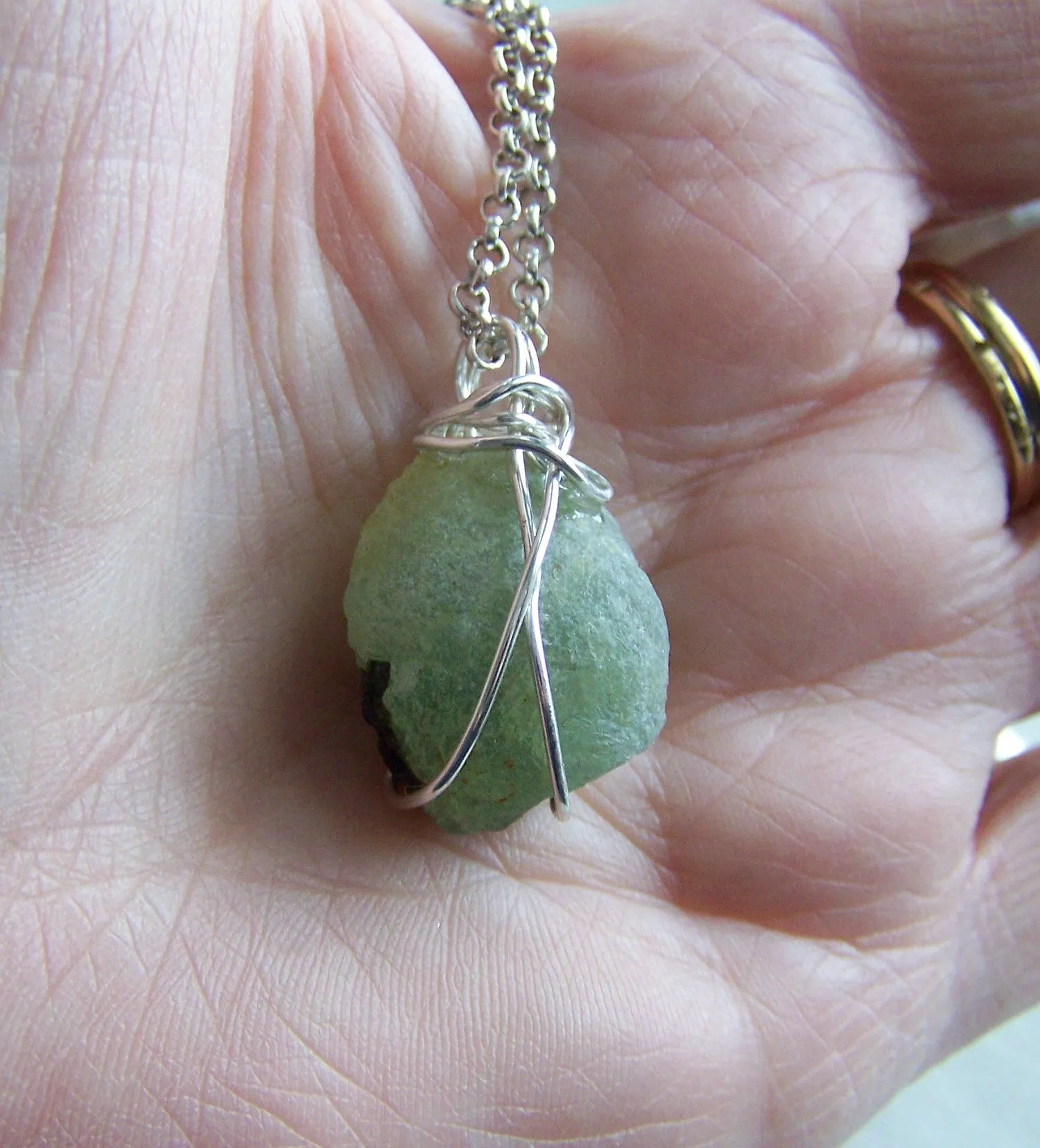 Natural Green Prehnite Wire Wrapped Pendant Necklace