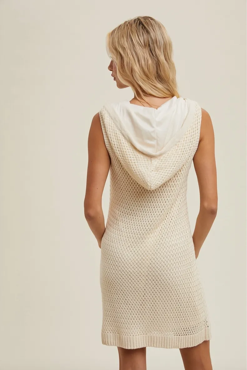 Natural Hooded Crochet Sweater Dress