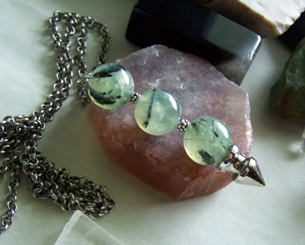 Natural Prehnite Gemstone Ball Silver Spike Pendulum Pendant