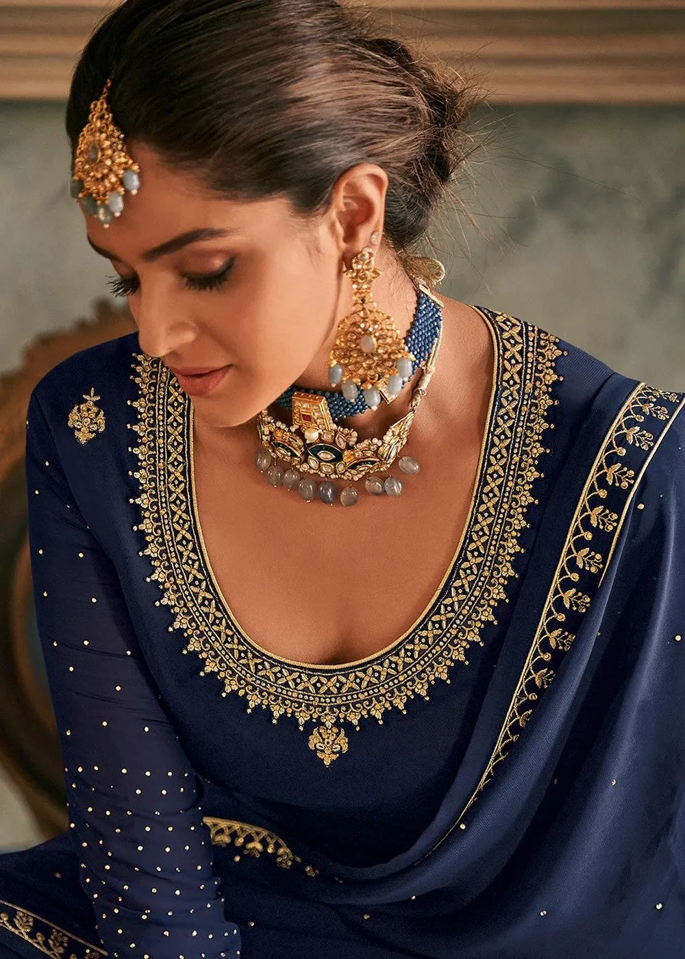 Navy Blue Stone Work Embroidered Georgette Sharara Suit