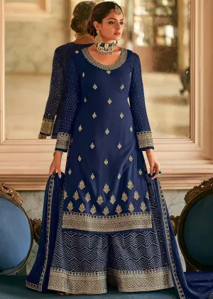 Navy Blue Stone Work Embroidered Georgette Sharara Suit