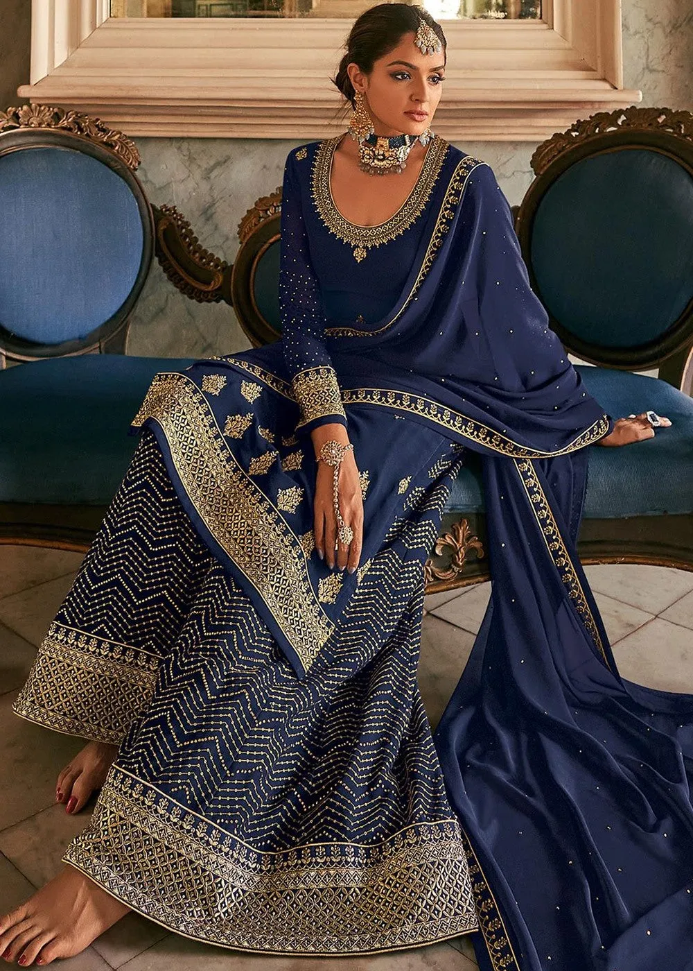 Navy Blue Stone Work Embroidered Georgette Sharara Suit