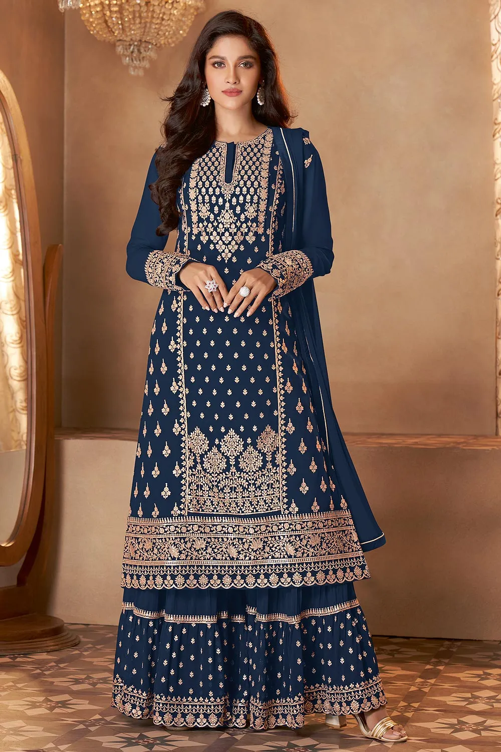 Navy Blue Straight Cut Georgette Designer Sharara Suit