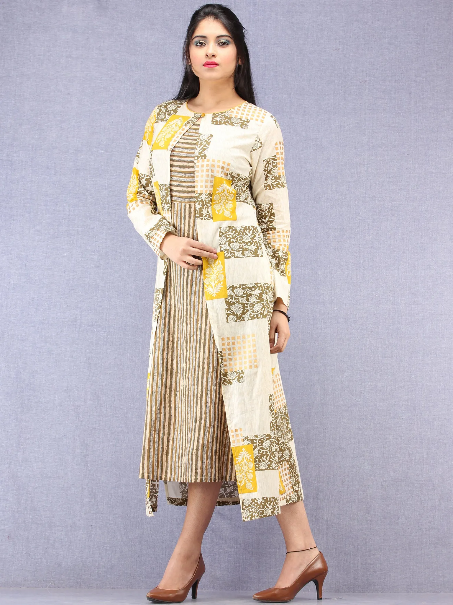 Nazan - Block Printed Cotton Middi Dress With Tunic & Cape - D393F2015