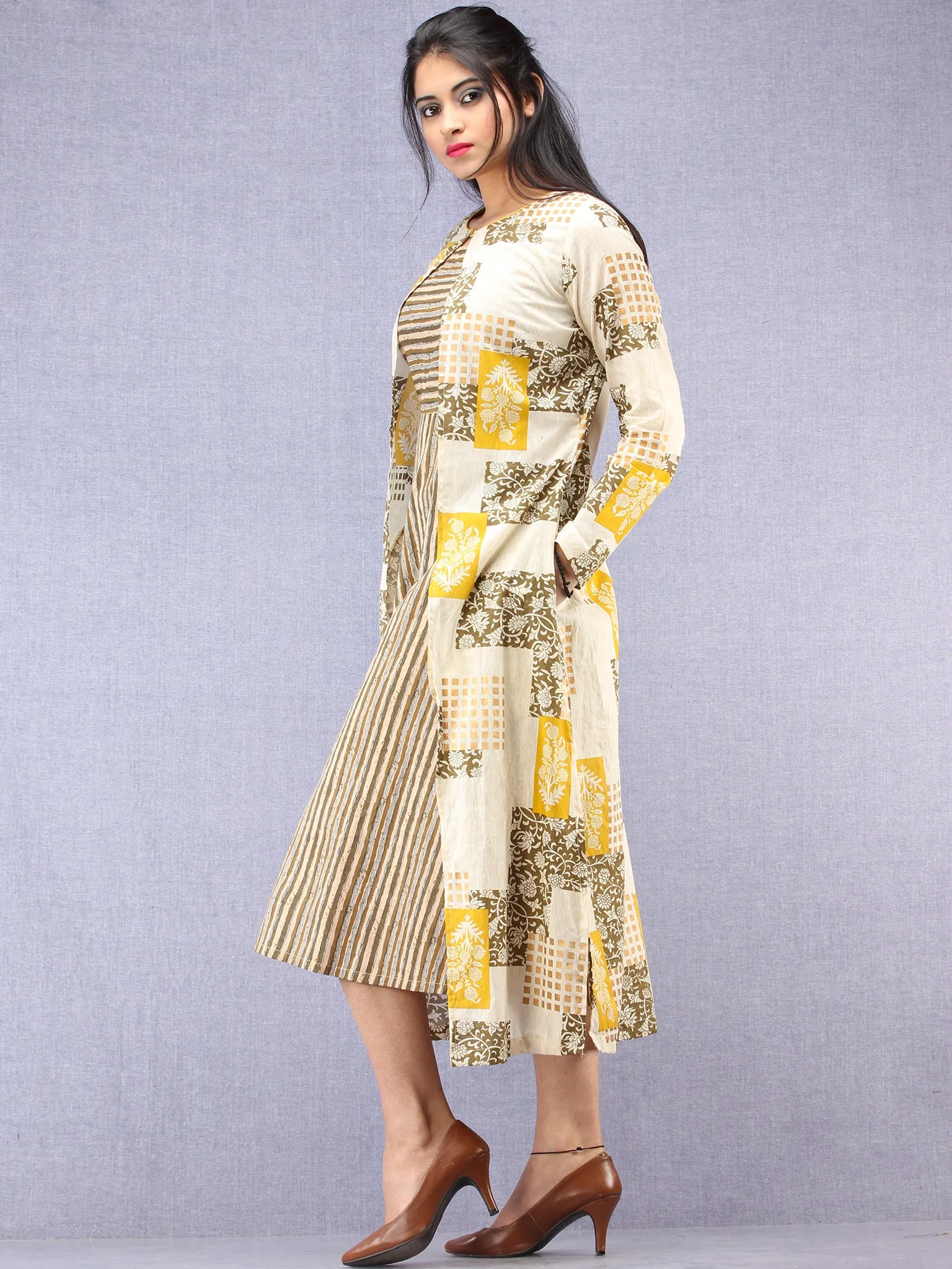 Nazan - Block Printed Cotton Middi Dress With Tunic & Cape - D393F2015