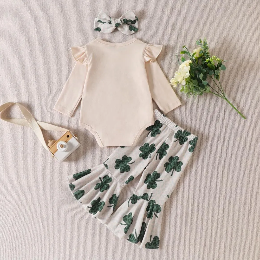 New Four-leaf Clover St Patrick's Day Letter Fly Sleeve Romper Flared Pants Girls Suit Wholesale