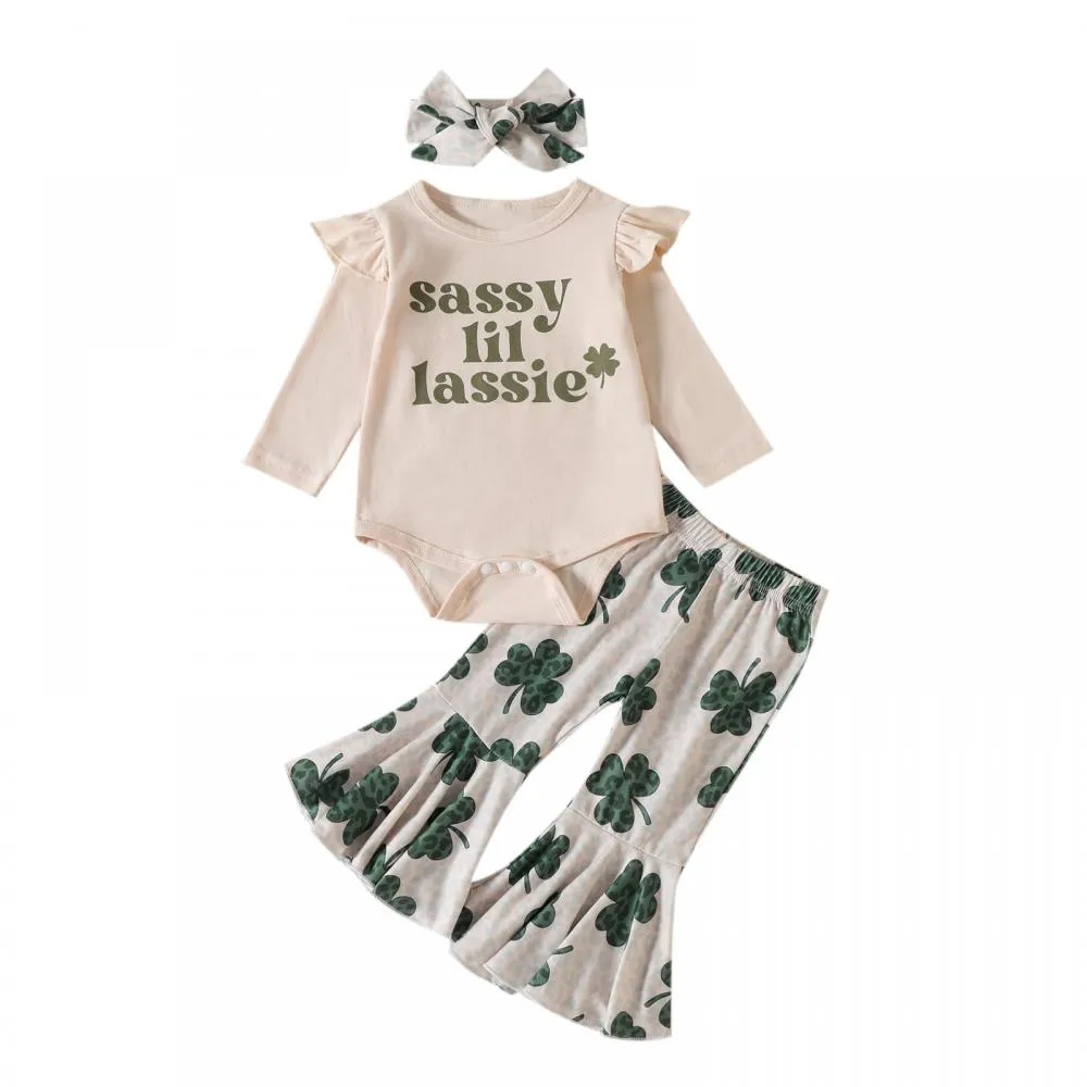 New Four-leaf Clover St Patrick's Day Letter Fly Sleeve Romper Flared Pants Girls Suit Wholesale